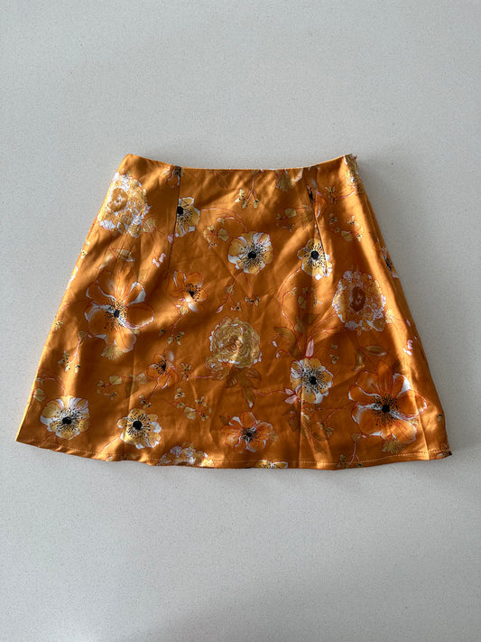 Polly Orange Silky Floral Mini Skirt